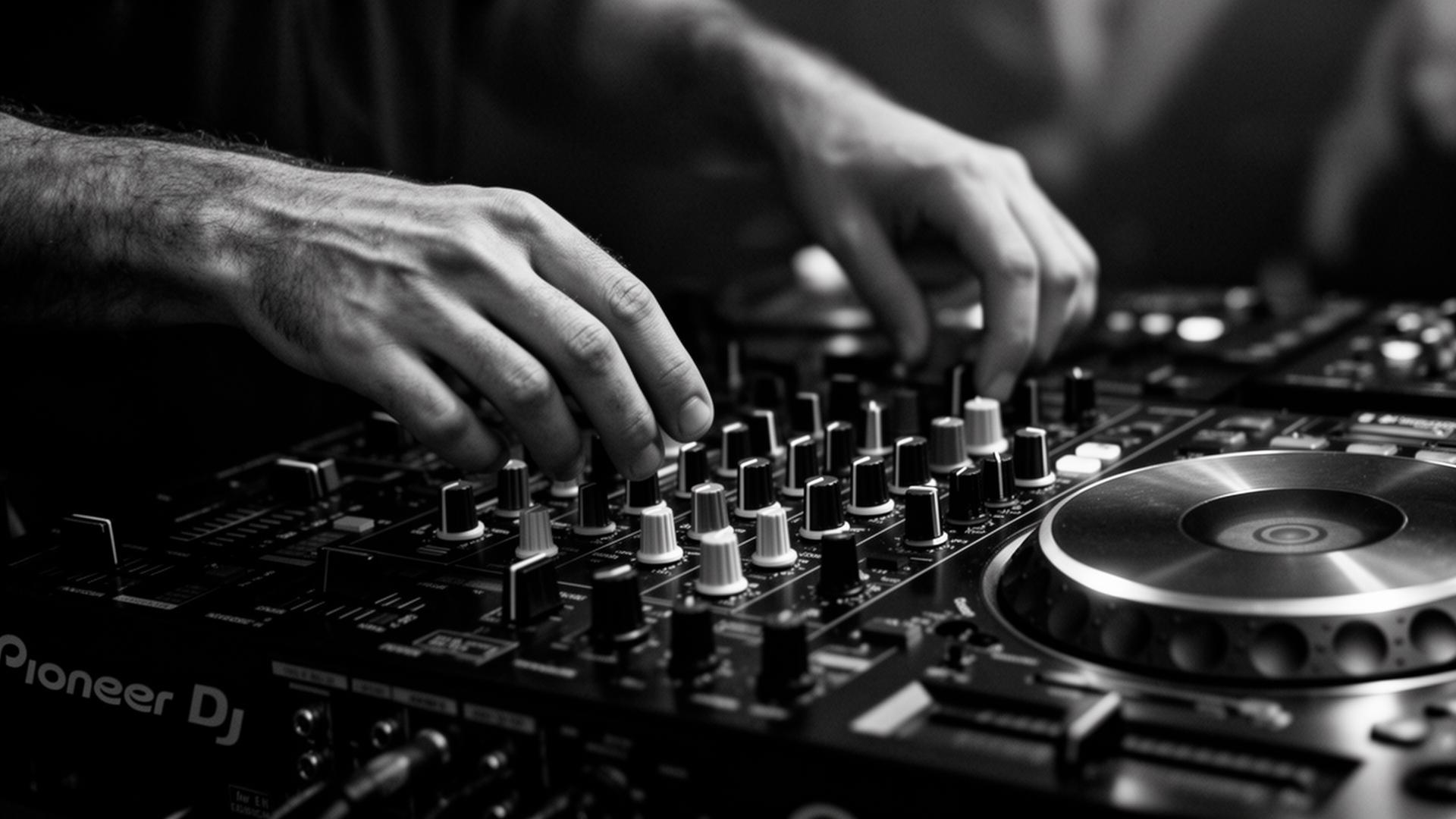 Nahaufnahme von Händen an einem hochwertigen DJ-Mixer (Platzhalter)
